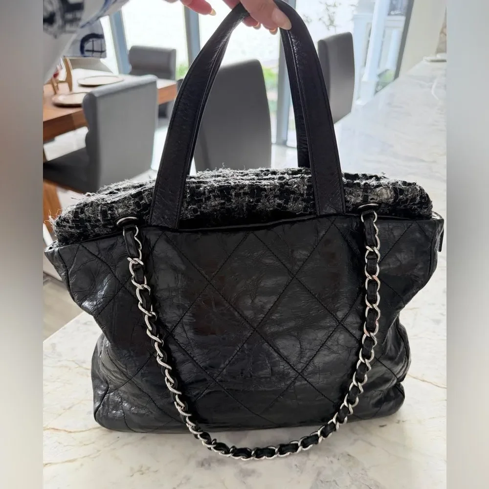 CHANEL Black Quilted Tote with Chain Detail